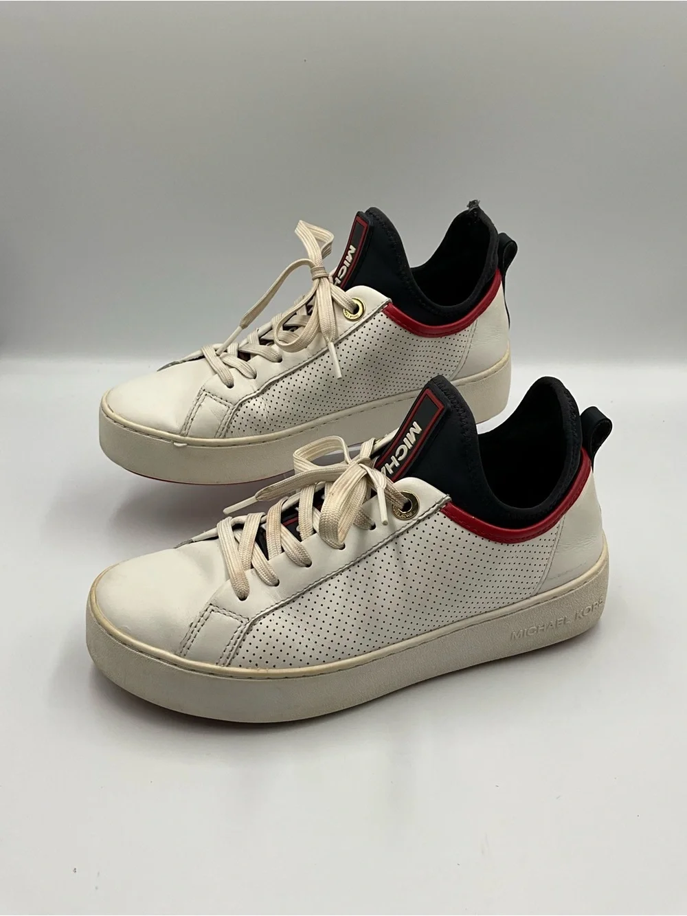 Michael Kors Sneakers Size 6 White Leather Sneakers with Black and Red Accents